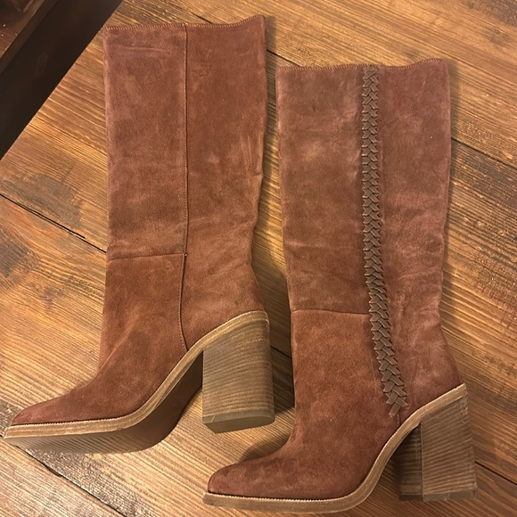 UGG Maeva Knee High Pull-On Whipstitching Leather Boot Mahogany Suede - Picture 1 of 8